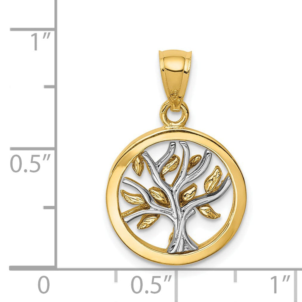 14K Two Tone Gold Solid Polished Finish Round Shape Tree of Life Charm Pendant