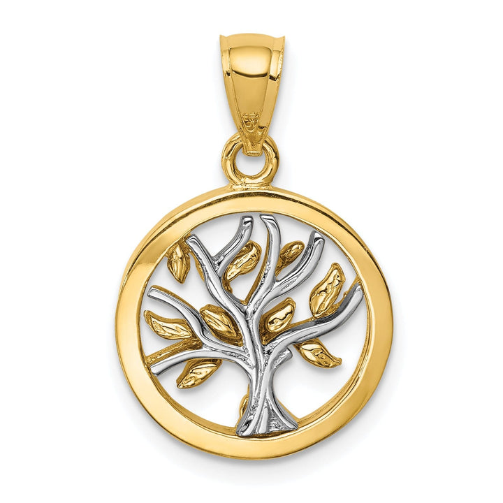 14K Two Tone Gold Solid Polished Finish Round Shape Tree of Life Charm Pendant