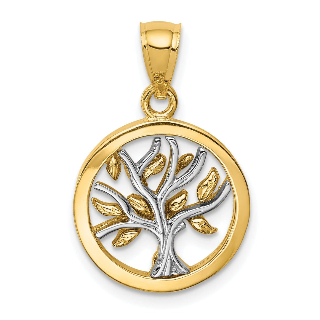 14K Two Tone Gold Solid Polished Finish Round Shape Tree of Life Charm Pendant