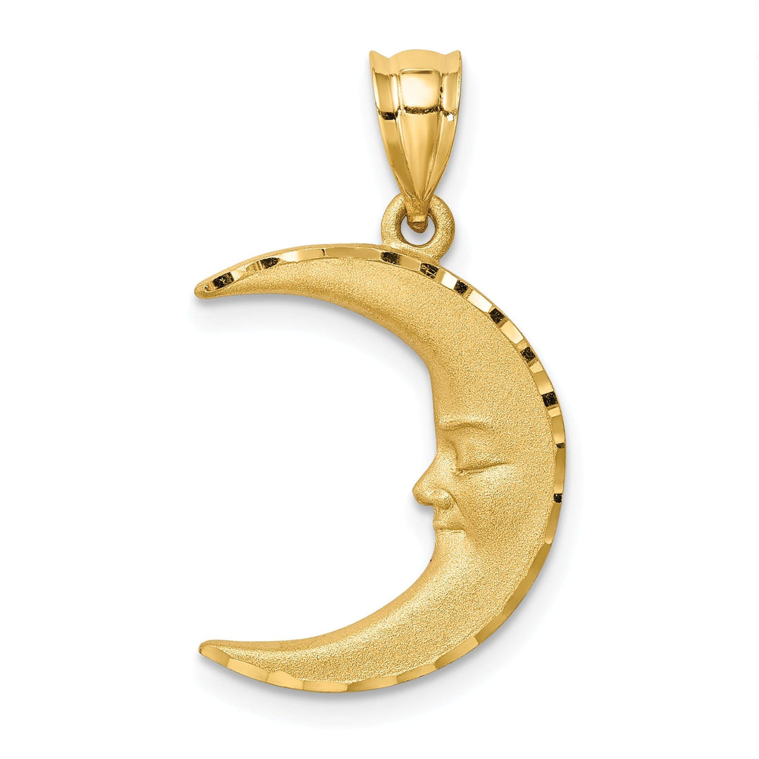 14k Yellow Gold Solid Textured Satin Diamond Cut Polished Finish Moon with Face Design Charm Pendant