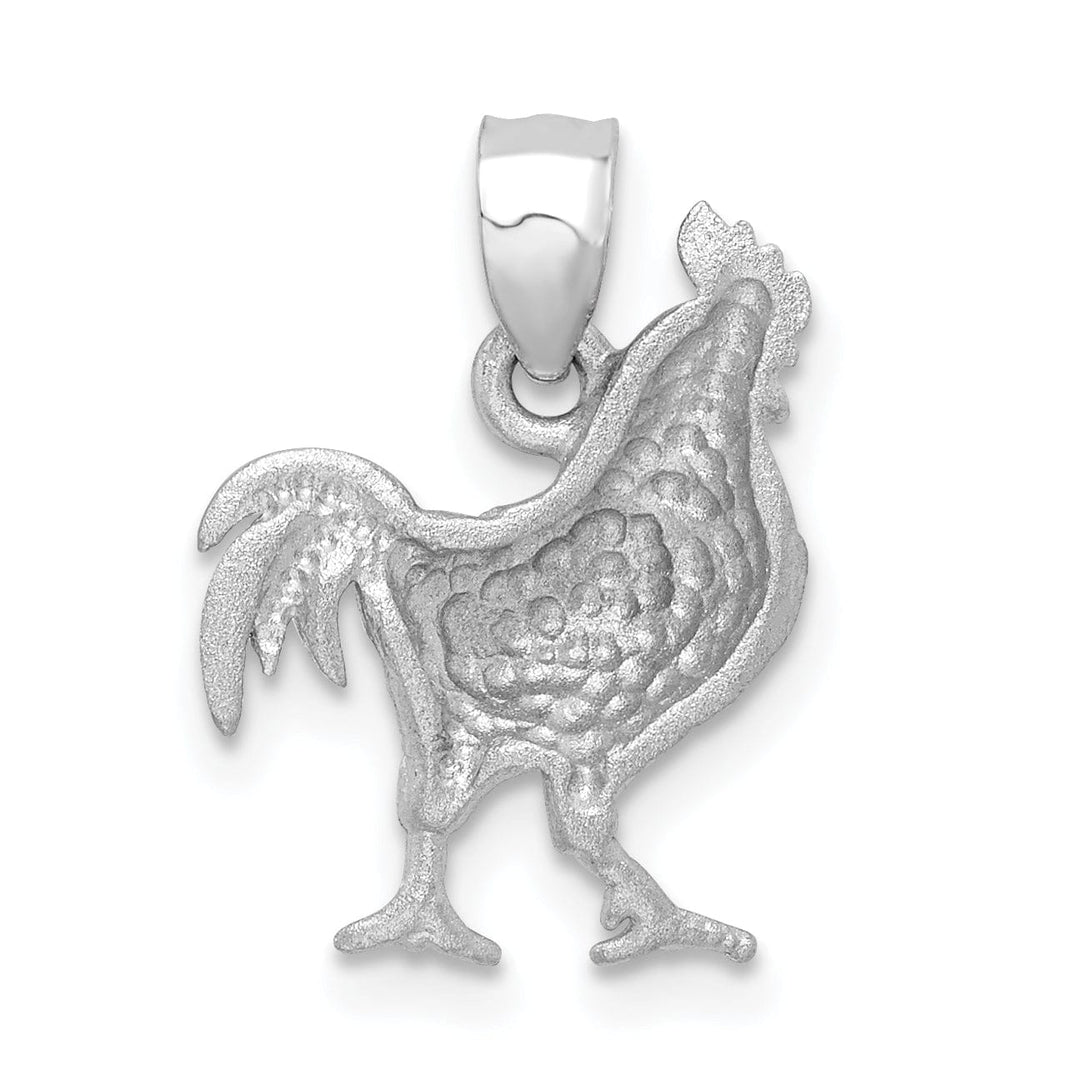 14K White Gold Open Back Brushed Diamond Cut Finish Solid Rooster Charm Pendant