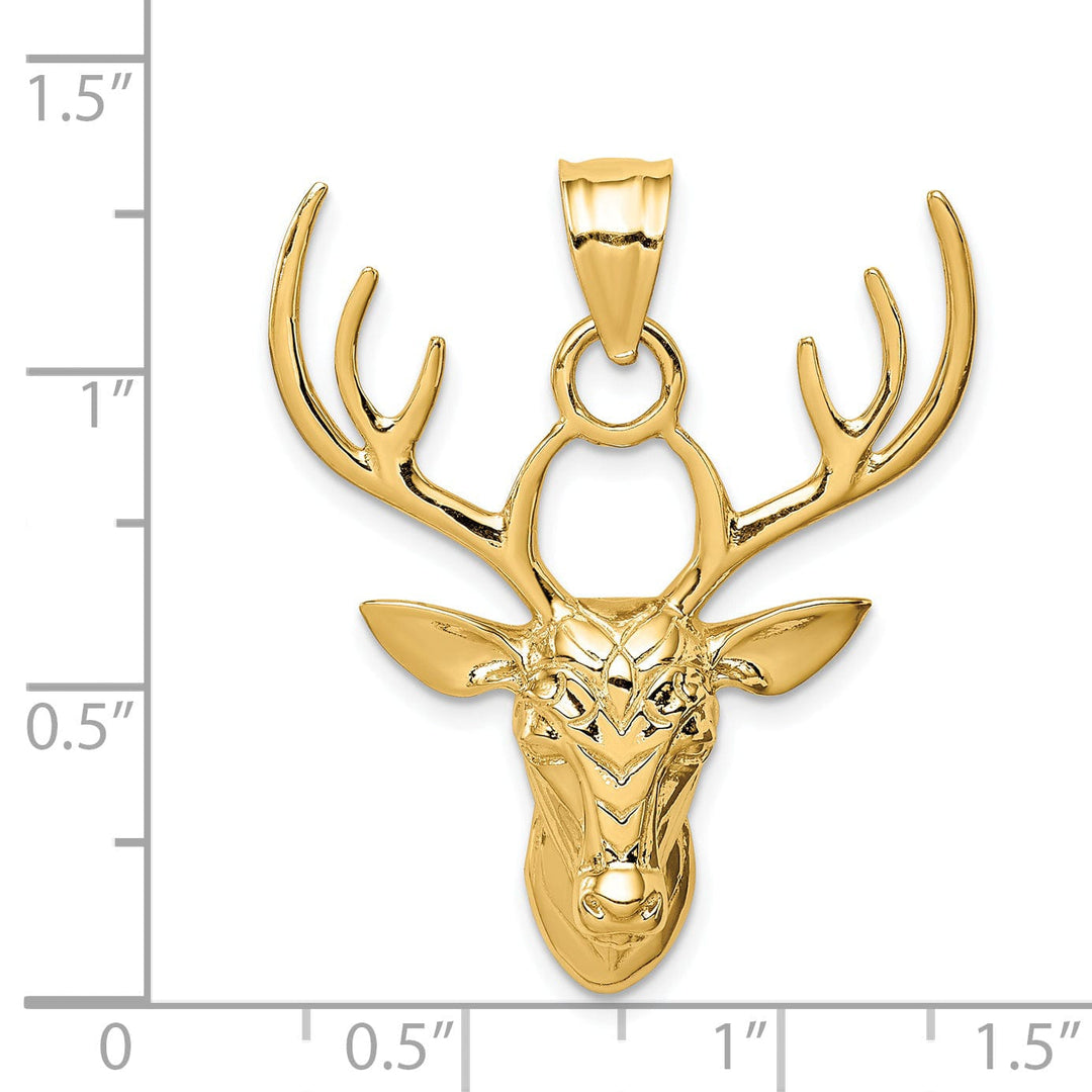 14K Yellow Gold Solid Polished Finish Deer Head With Antilles Design Charm Pendant