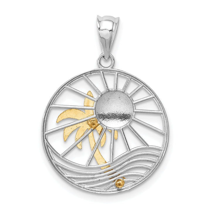 14K Two Tone Gold Solid Polished Finish Sunset with Palm Tree In Circle Design Charm Pendant