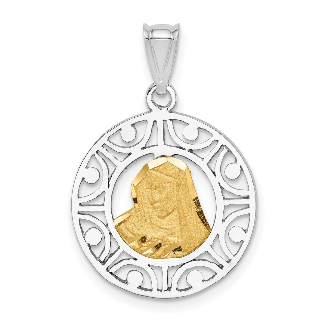 14K Two-tone Gold Brushed and Polished Virgin diamond cut Mary Pendant