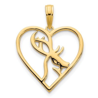 14k Yellow Gold Polished Finish Deer in a Heart Shape Charm Pendant