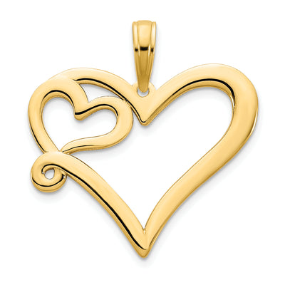 14k Yellow Gold Polished Finish Women's Flat Back Heart in a Heart Swirl Shape Design Charm Pendant