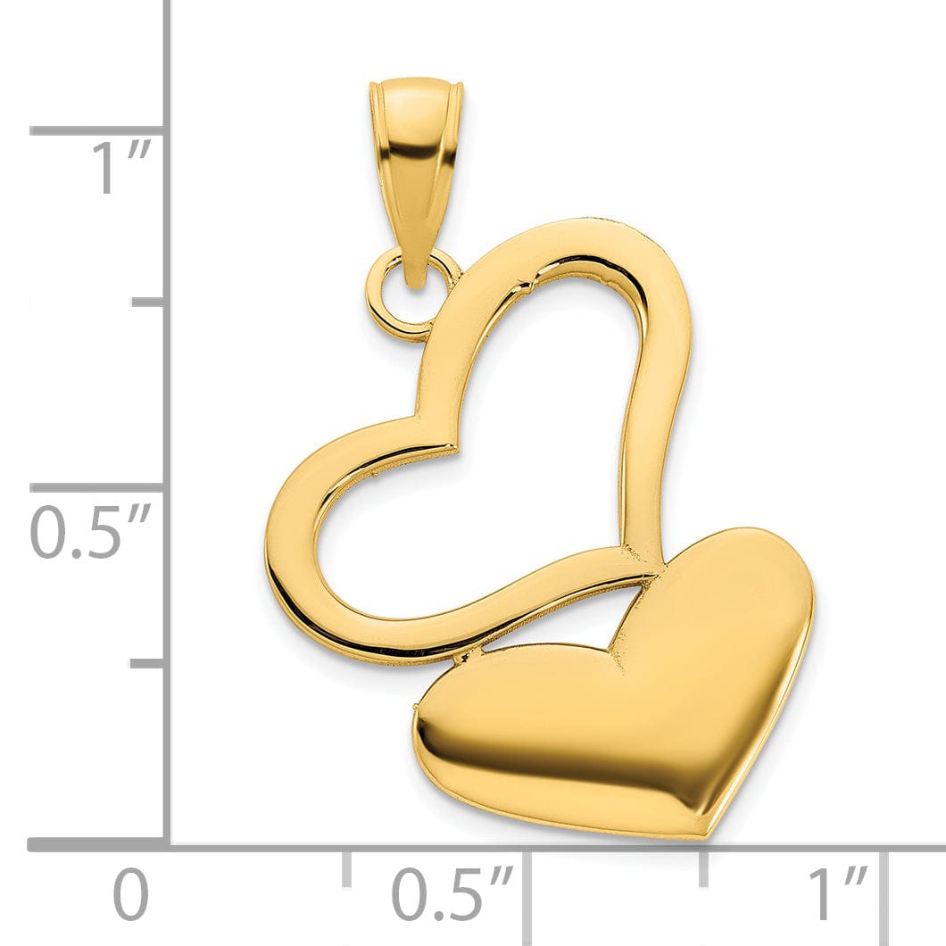 14k Yellow Gold Polished Finish Flat Back Women's Two Hearts Design Charm Pendant