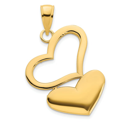 14k Yellow Gold Polished Finish Flat Back Women's Two Hearts Design Charm Pendant