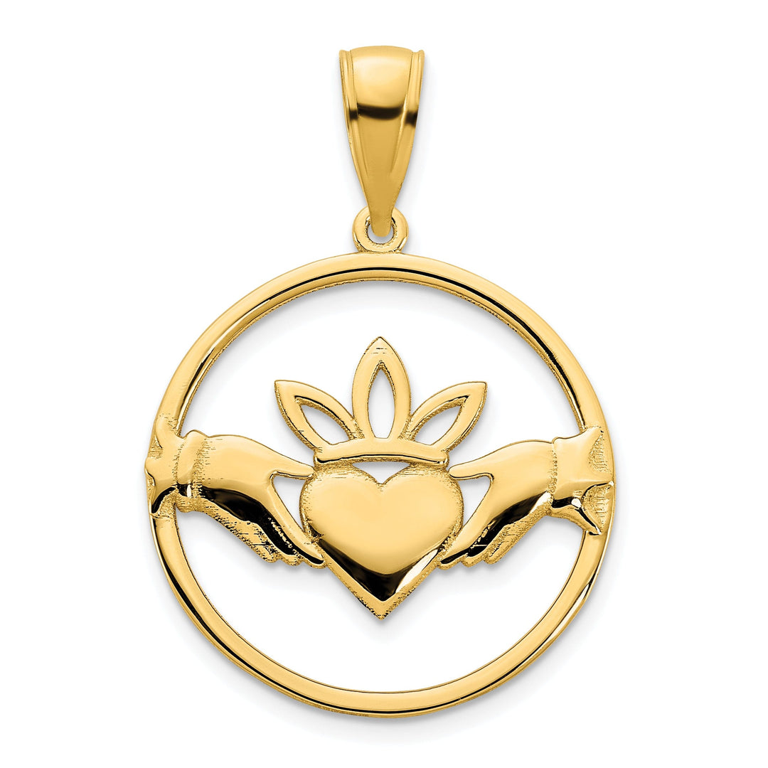 14k Yellow Gold Open Back Solid Polished Finish Womens Claddagh Circle Design Charm Pendant