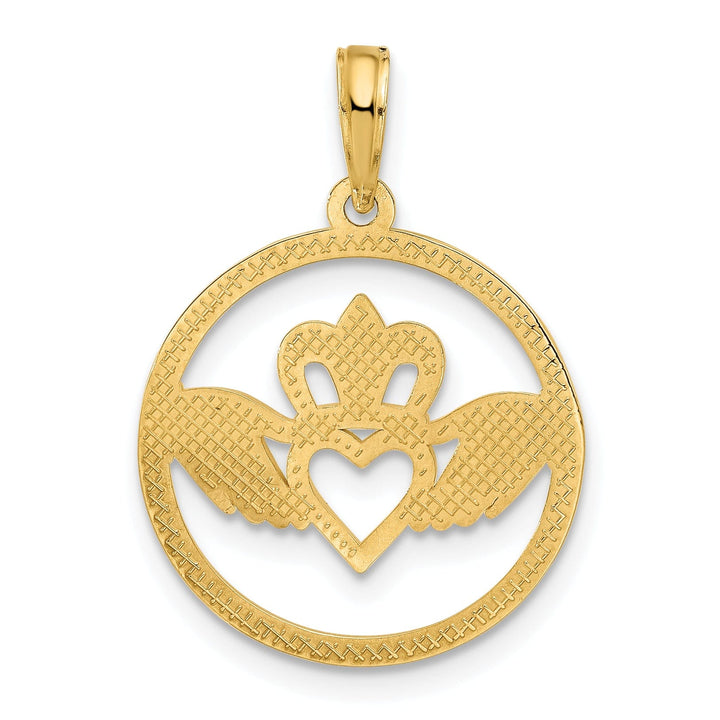14k Yellow Gold Open Back Textured Solid Polished Finish Womens Claddagh Circle Design Charm Pendant