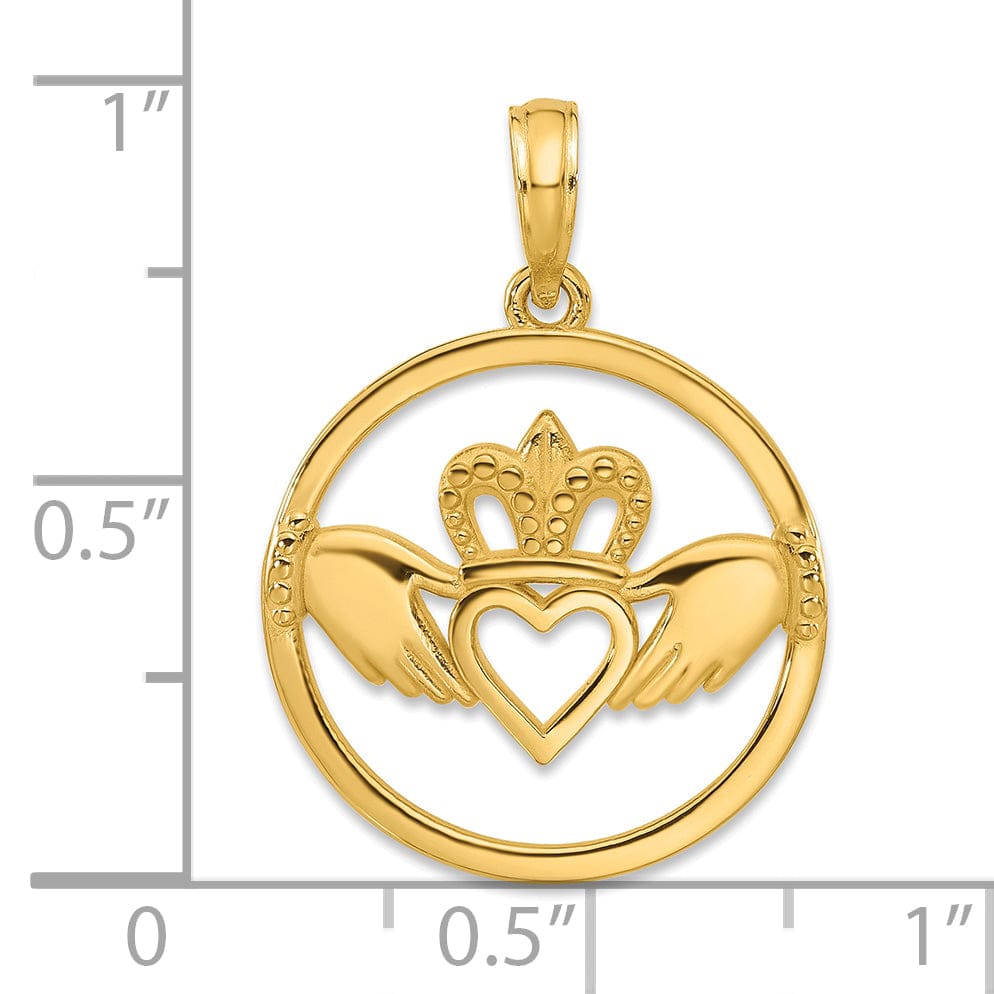 14k Yellow Gold Open Back Textured Solid Polished Finish Womens Claddagh Circle Design Charm Pendant