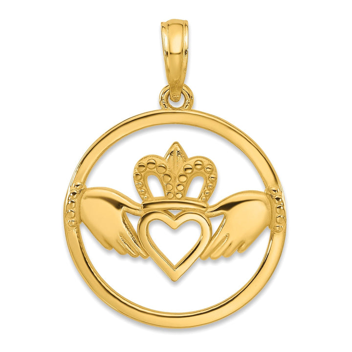 14k Yellow Gold Open Back Textured Solid Polished Finish Womens Claddagh Circle Design Charm Pendant