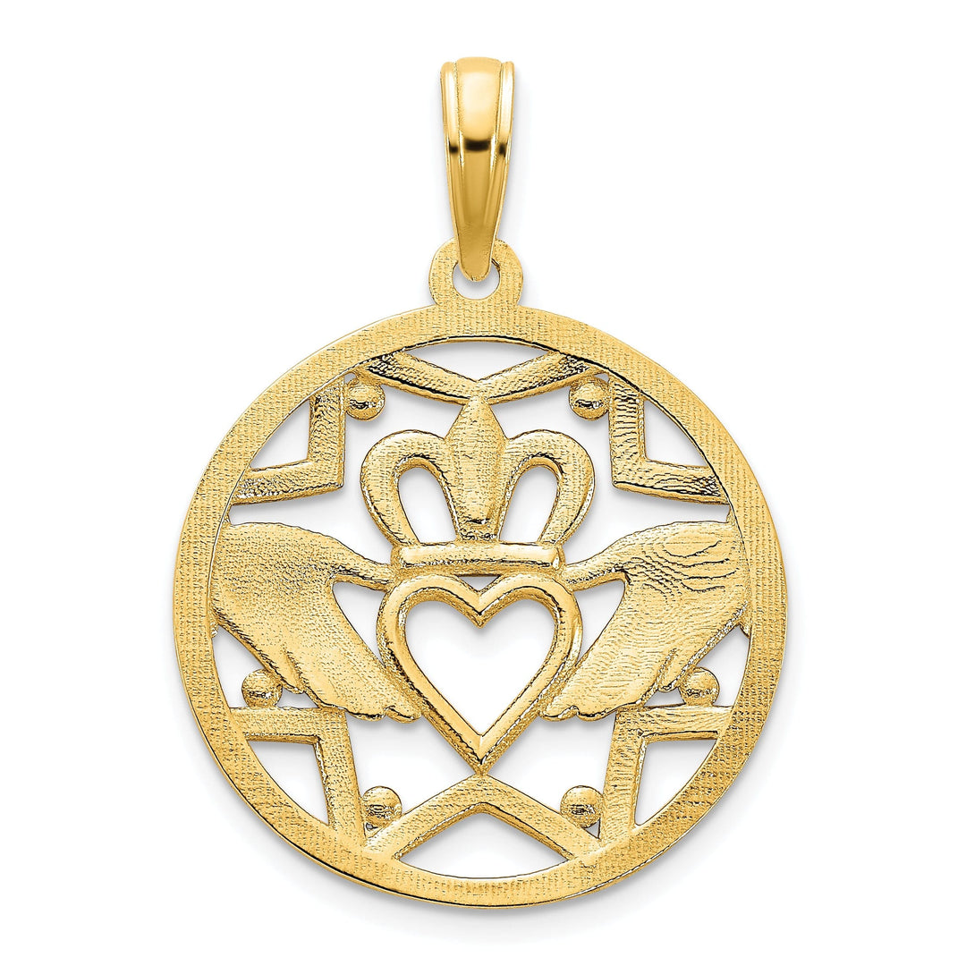 14k Yellow Gold Solid Open Back Textured Polished Finish Womens Claddagh Circle Design Charm Pendant
