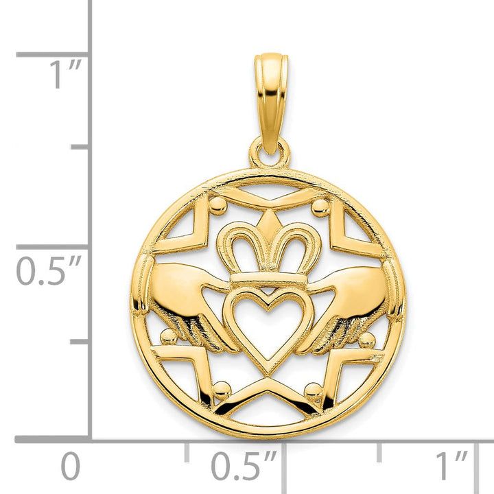 14k Yellow Gold Solid Open Back Textured Polished Finish Womens Claddagh Circle Design Charm Pendant
