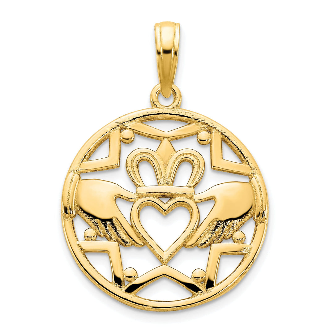 14k Yellow Gold Solid Open Back Textured Polished Finish Womens Claddagh Circle Design Charm Pendant