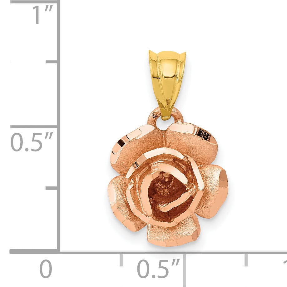 14k Two-tone Gold Casted Solid Textured Back Polished Brushed Finish Rose Charm Pendant