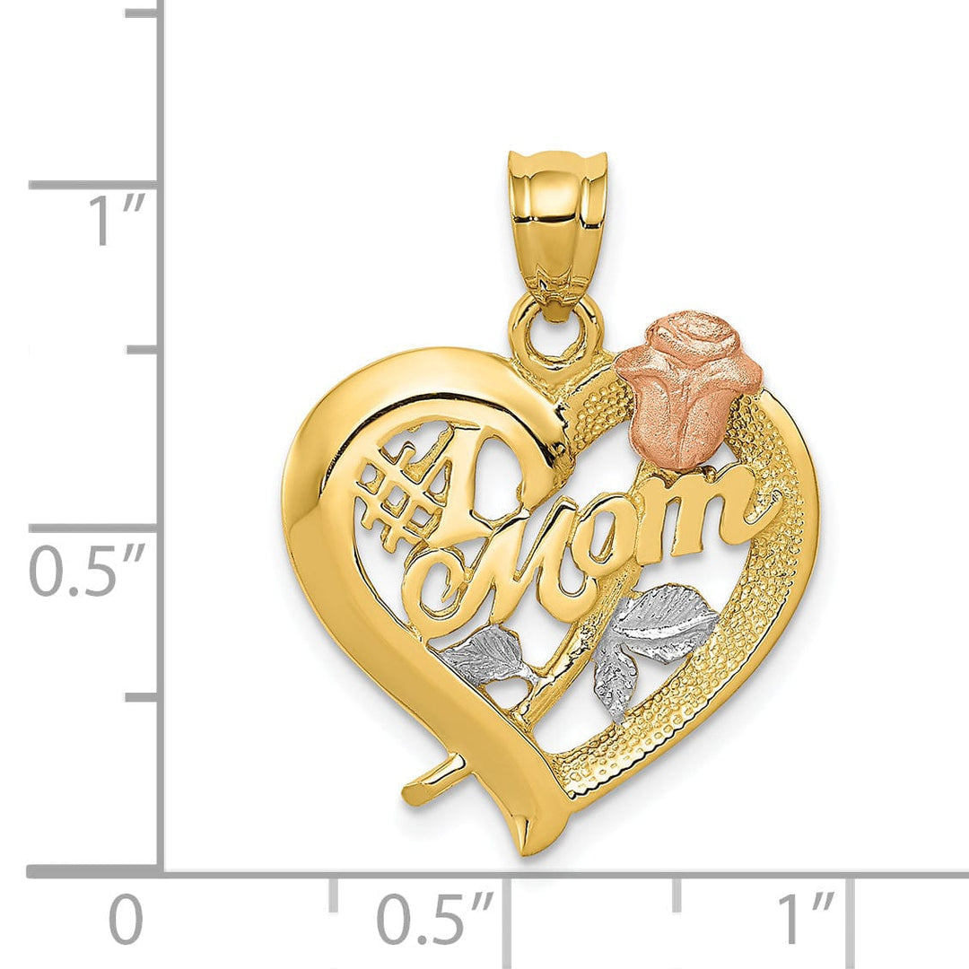 14k Two-Tone Gold, White Rhodium Textured Polished Finish Solid #1 Mom with Rose in Heart Shape Design Charm Pendant