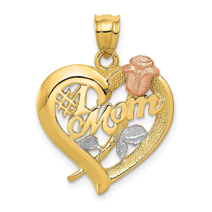 14k Two-Tone Gold, White Rhodium Textured Polished Finish Solid #1 Mom with Rose in Heart Shape Design Charm Pendant