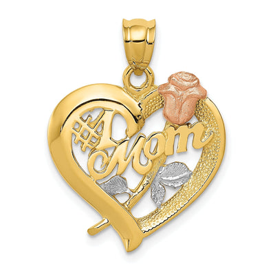 14k Two-Tone Gold, White Rhodium Textured Polished Finish Solid #1 Mom with Rose in Heart Shape Design Charm Pendant