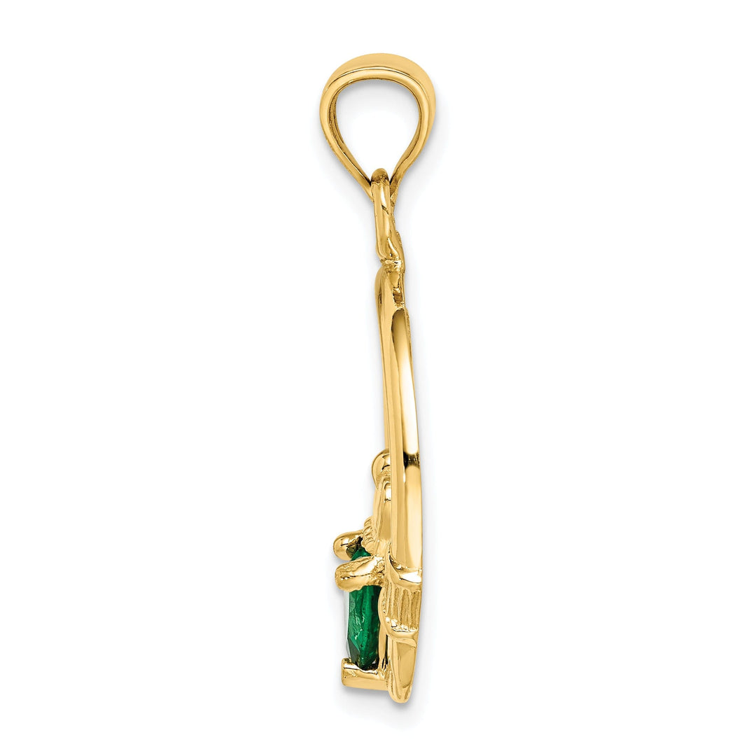 14k Yellow Gold Open Back Polished Finish Claddagh with Green Cubic Zirconia Stone Charm Pendant