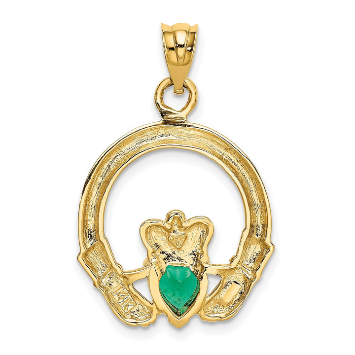 14k Yellow Gold Open Back Polished Finish Claddagh with Green Cubic Zirconia Stone Charm Pendant