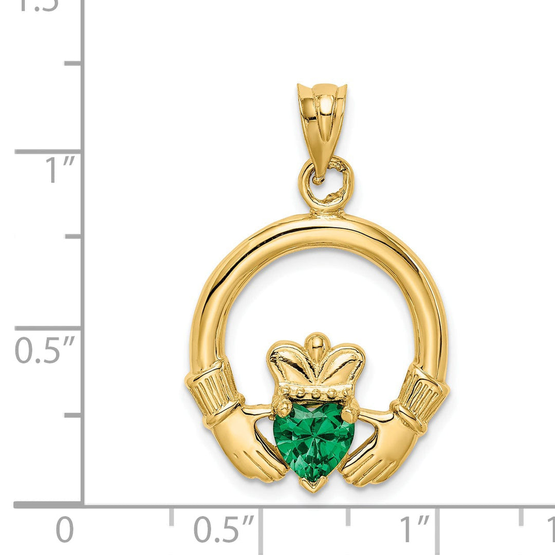 14k Yellow Gold Open Back Polished Finish Claddagh with Green Cubic Zirconia Stone Charm Pendant