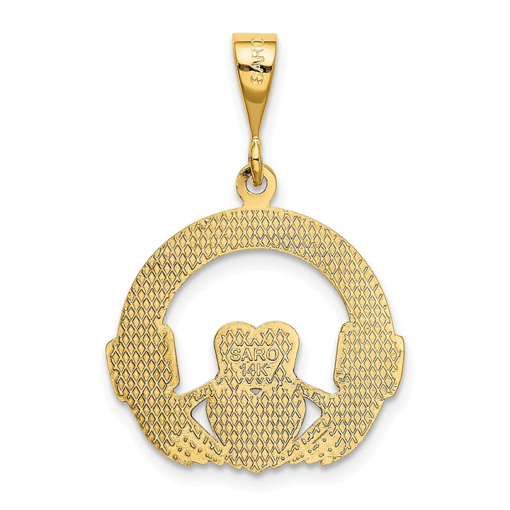 14k Yellow Gold Solid Textured Back Polished Finish Claddagh Design Charm Pendant