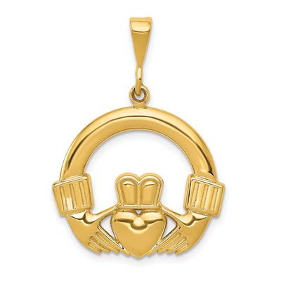 14k Yellow Gold Textured Back Solid Polished Finish Claddagh Design Charm Pendant