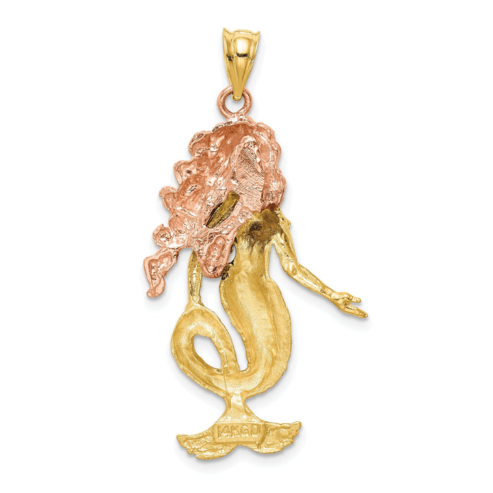 14k Yellow Rose Gold Solid Satin Diamond Cut Finish Mermaid Charm Pendant