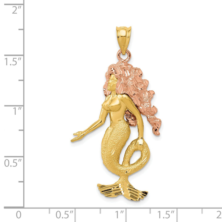 14k Yellow Rose Gold Solid Satin Diamond Cut Finish Mermaid Charm Pendant