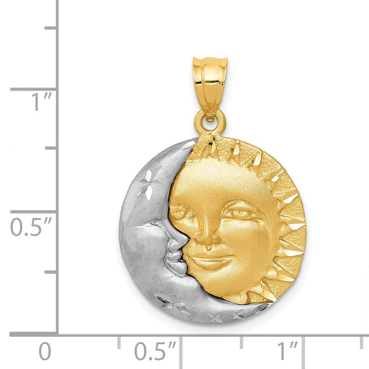 14k Two Tone Gold Solid Textured Diamond Cut Brushed Finish Moon and Sun Circular Design Charm Pendant