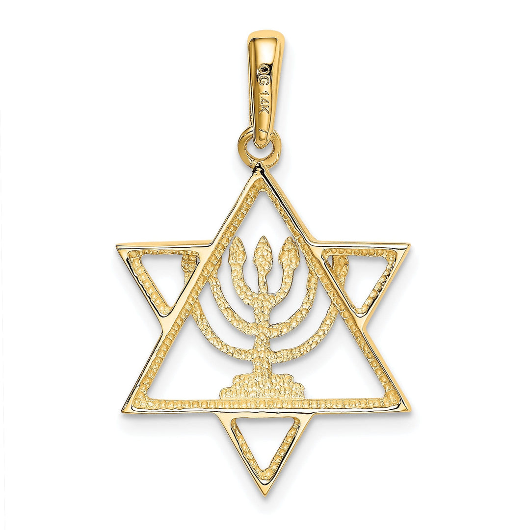 14K Yellow Gold Solid Polished Finish Menorah In Star Of David Pendant