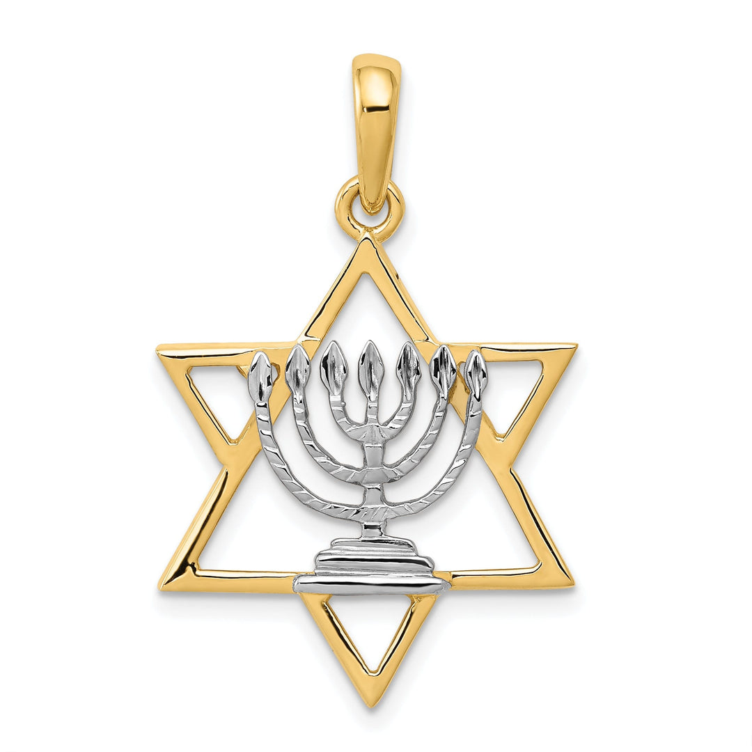 14K Yellow Gold Solid Polished Finish Menorah In Star Of David Pendant