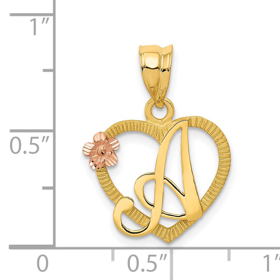 14k Two Tone Gold Heart Flower Design Script Letter A Initial Charm Pendant