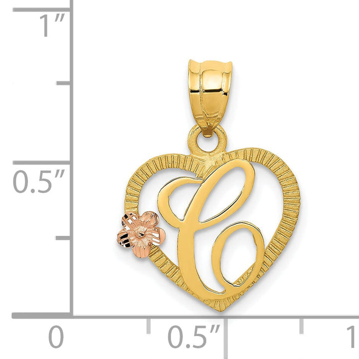 14k Two Tone Gold Heart Flower Design Script Letter C Initial Charm Pendant