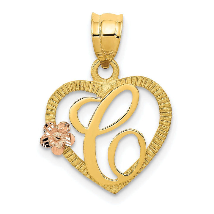 14k Two Tone Gold Heart Flower Design Script Letter C Initial Charm Pendant