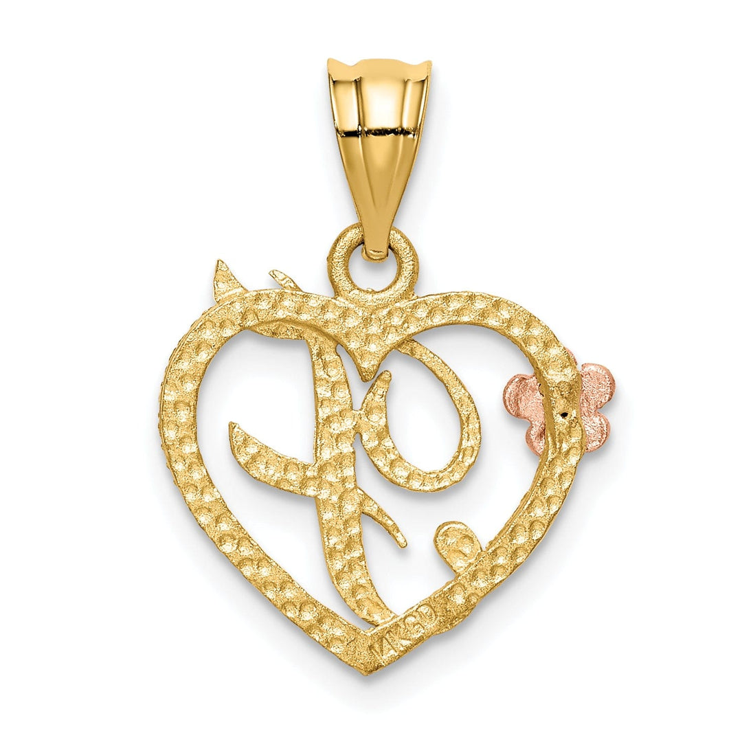 14k Two Tone Gold Heart Flower Design Script Letter F Initial Charm Pendant