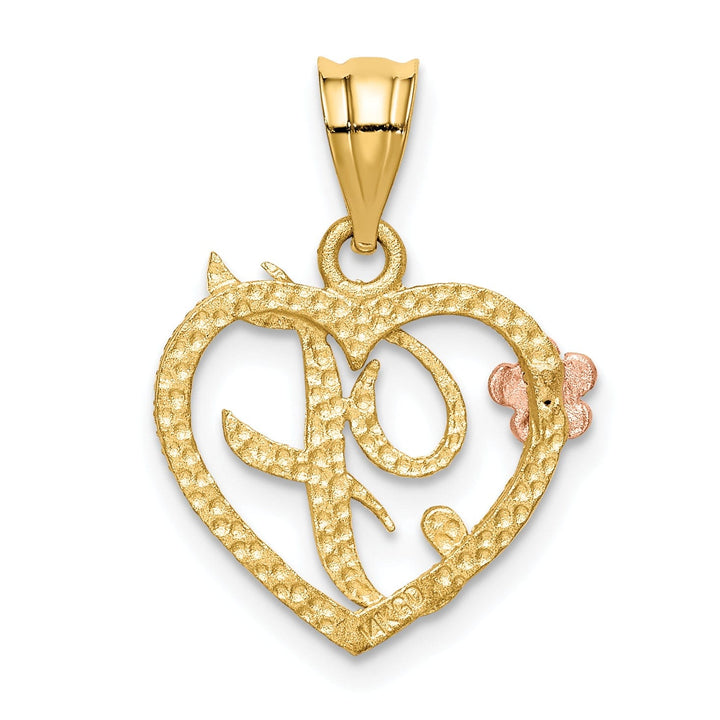 14k Two Tone Gold Heart Flower Design Script Letter F Initial Charm Pendant