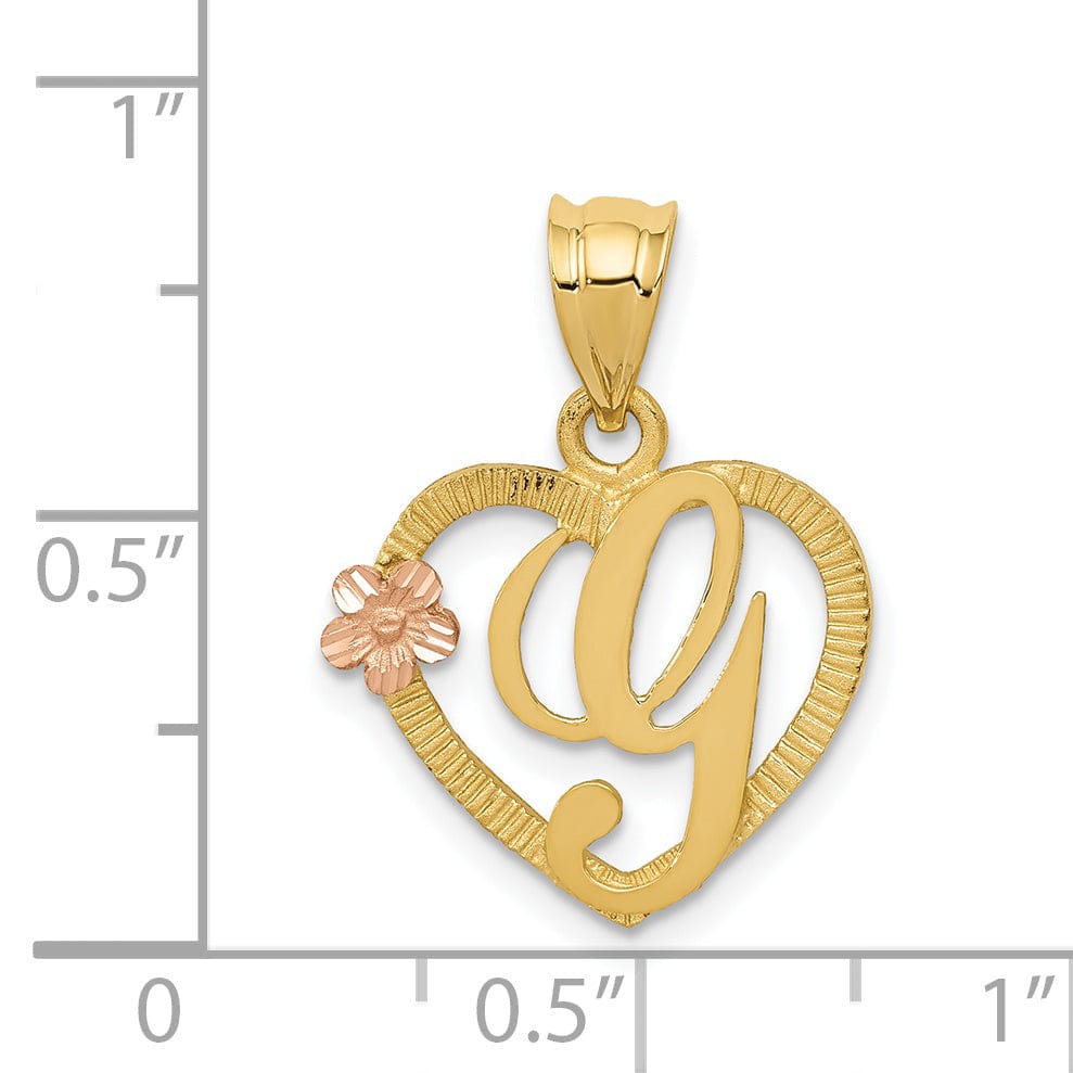 14k Two Tone Gold Heart Flower Design Script Letter G Initial Charm Pendant