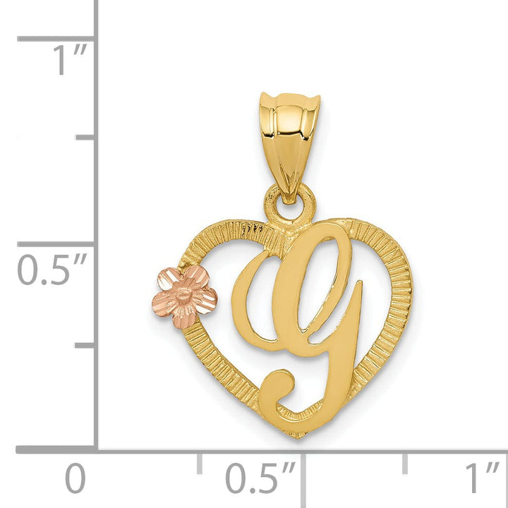 14k Two Tone Gold Heart Flower Design Script Letter G Initial Charm Pendant