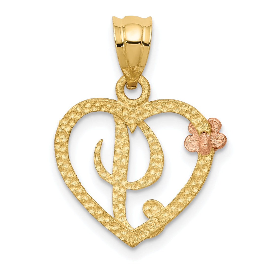 14k Two Tone Gold Heart Flower Design Script Letter I Initial Charm Pendant