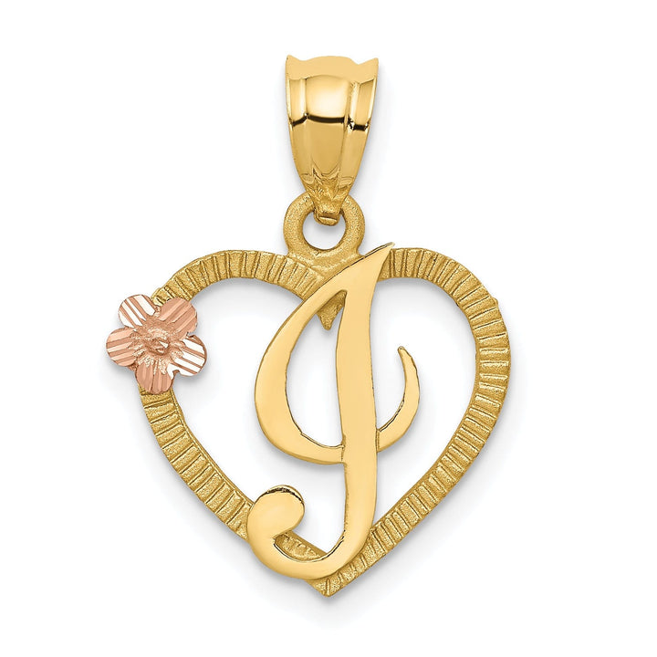 14k Two Tone Gold Heart Flower Design Script Letter I Initial Charm Pendant