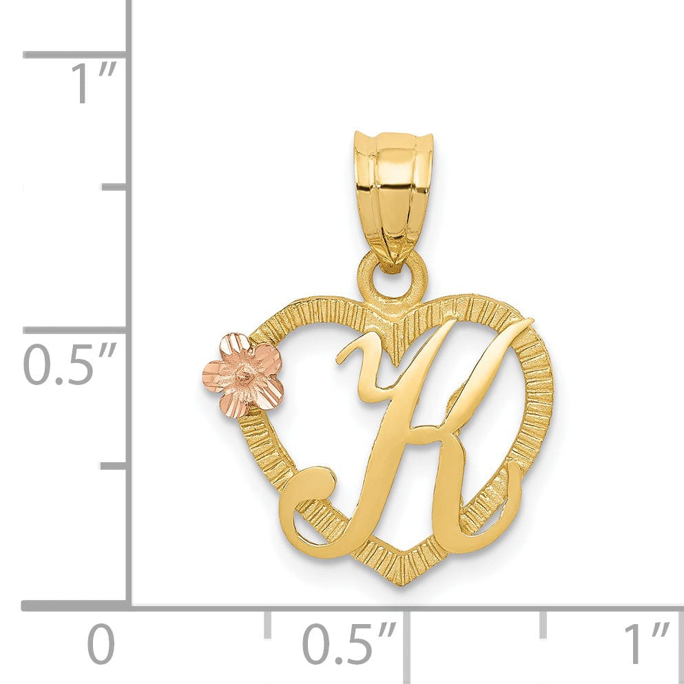 14k Two Tone Gold Heart Flower Design Script Letter K Initial Charm Pendant