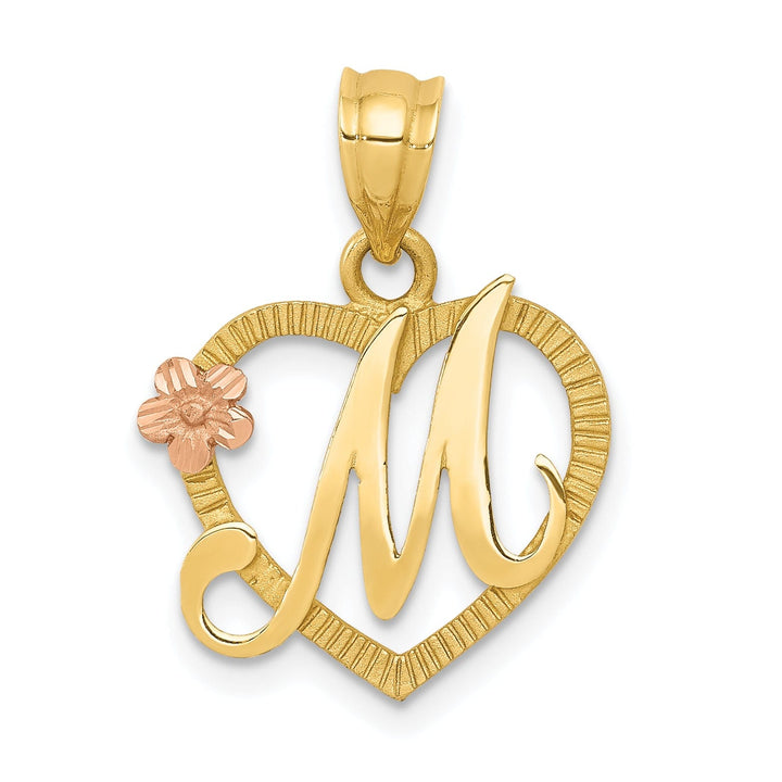 14k Two Tone Gold Heart Flower Design Script Letter M Initial Charm Pendant