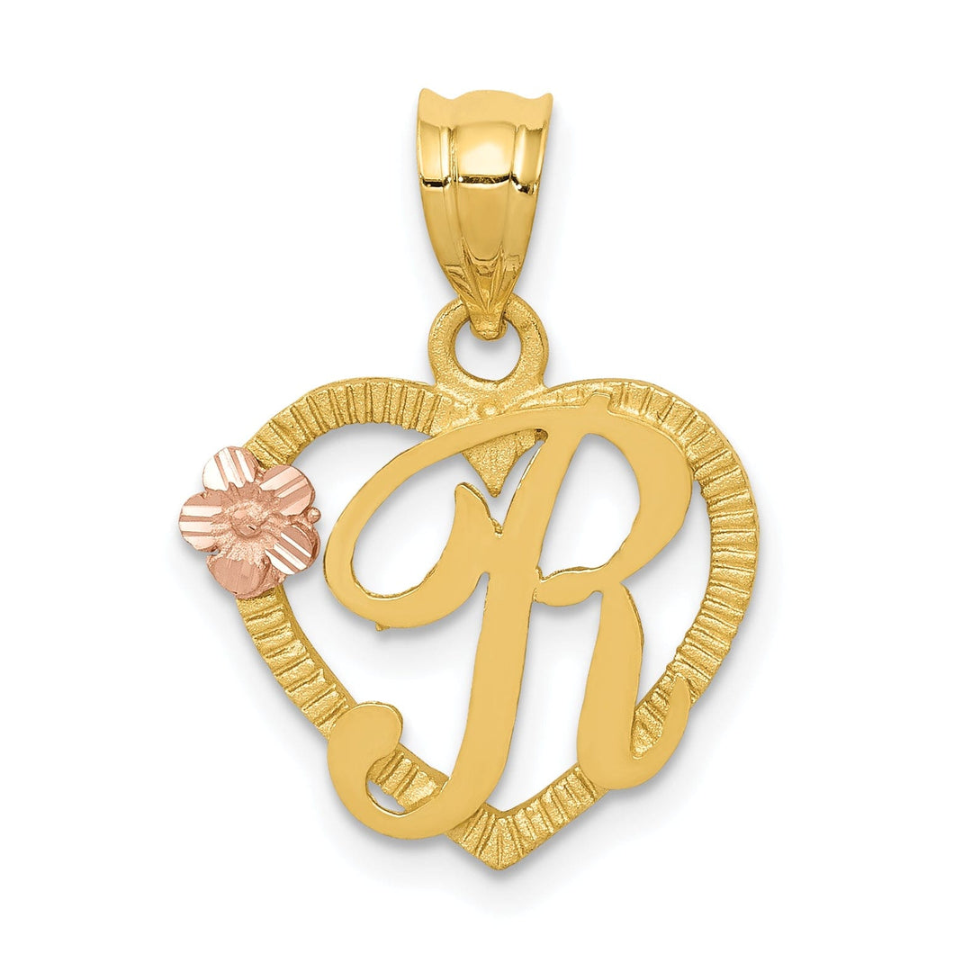 14k Two Tone Gold Heart Flower Design Script Letter R Initial Charm Pendant