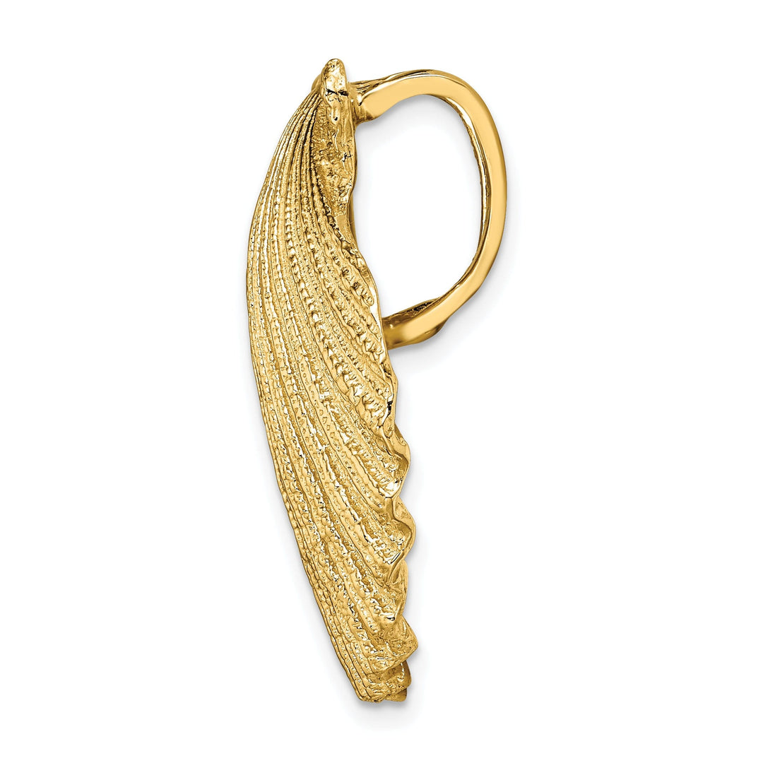 14K Yellow Gold Polished Textured Finish Medium Size Scallop Shell Slide Pendant Fits up to 10mm Fancy Omega