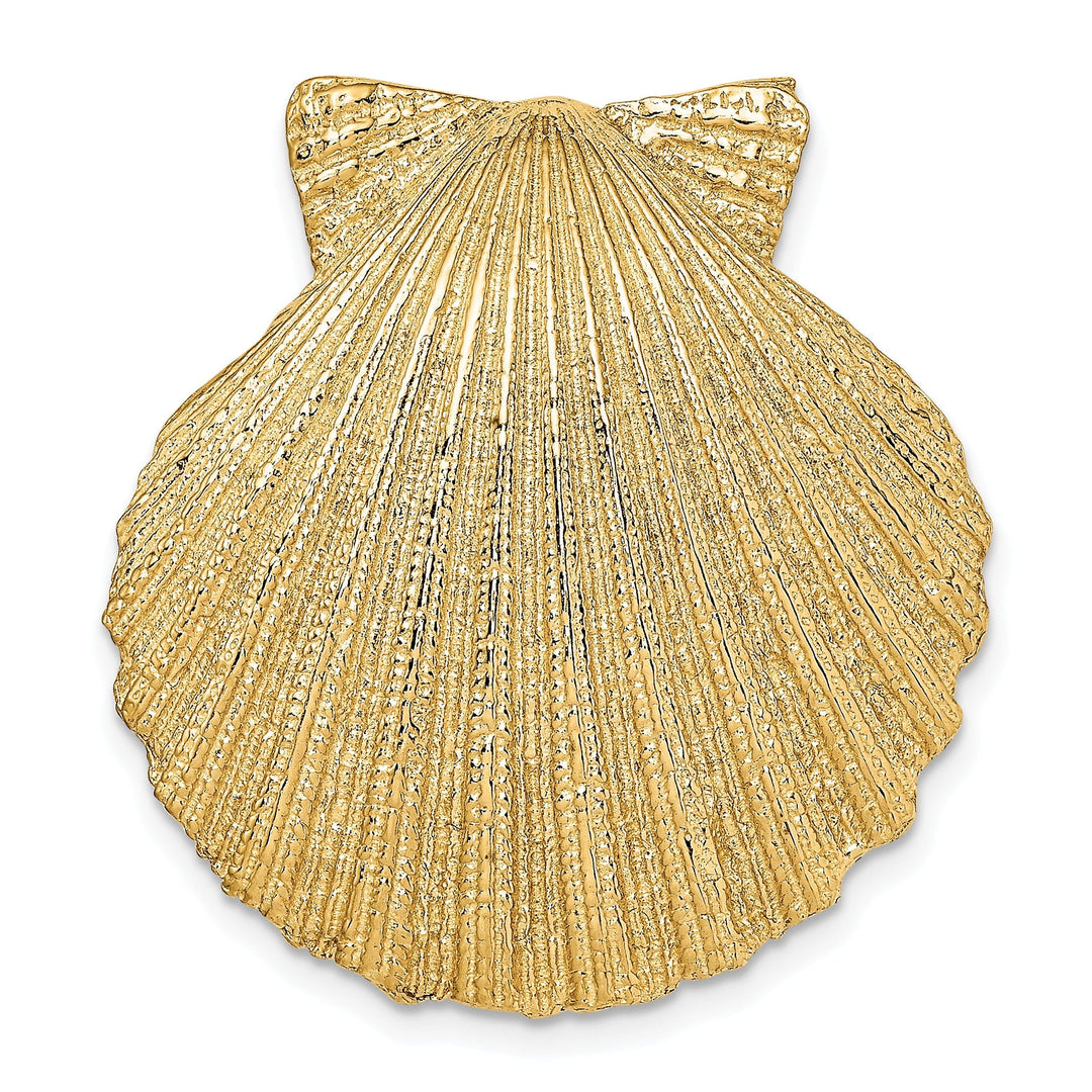 14K Yellow Gold Polished Textured Finish Medium Size Scallop Shell Slide Pendant Fits up to 10mm Fancy Omega