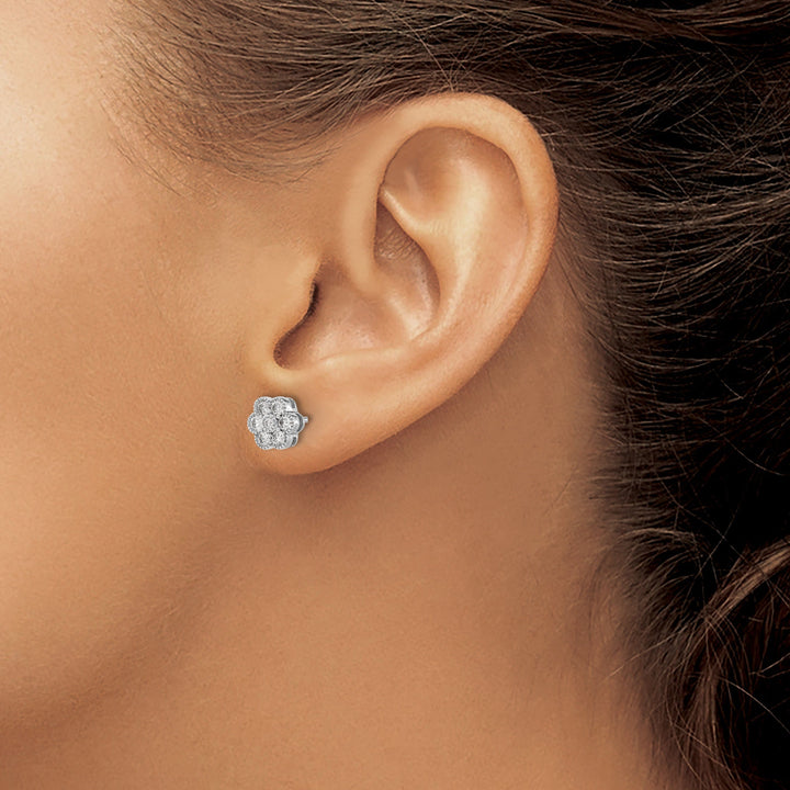 14k White Gold Floral Shape Design Solid Diamond Post Earrings