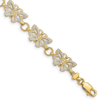14k yellow gold butterfly bracelet 7-inch, 8mm wide fancy butterfly design