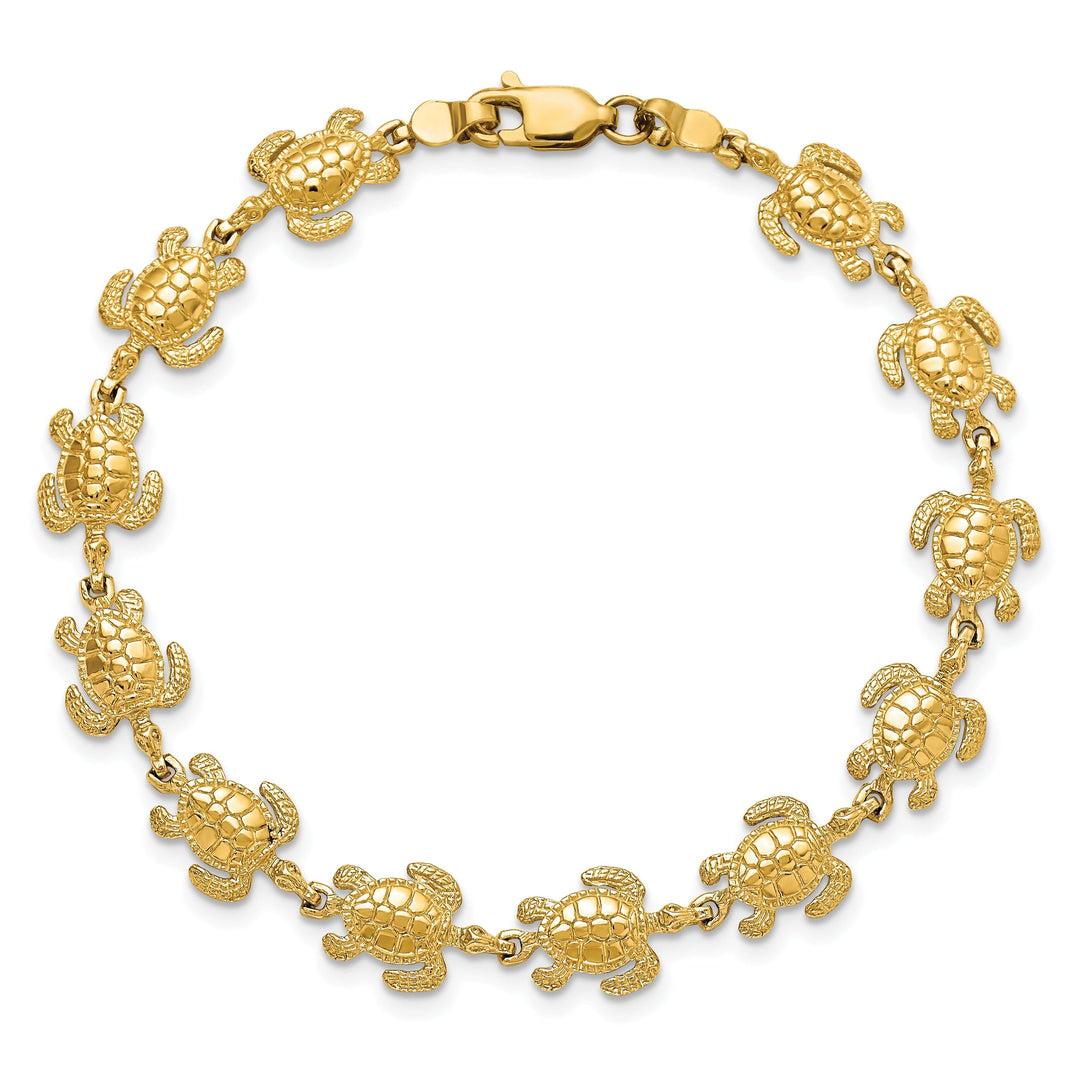 14k Yellow Gold Solid Sea Turtle Bracelet. Polished finish, 8mm width, 7.25" length
